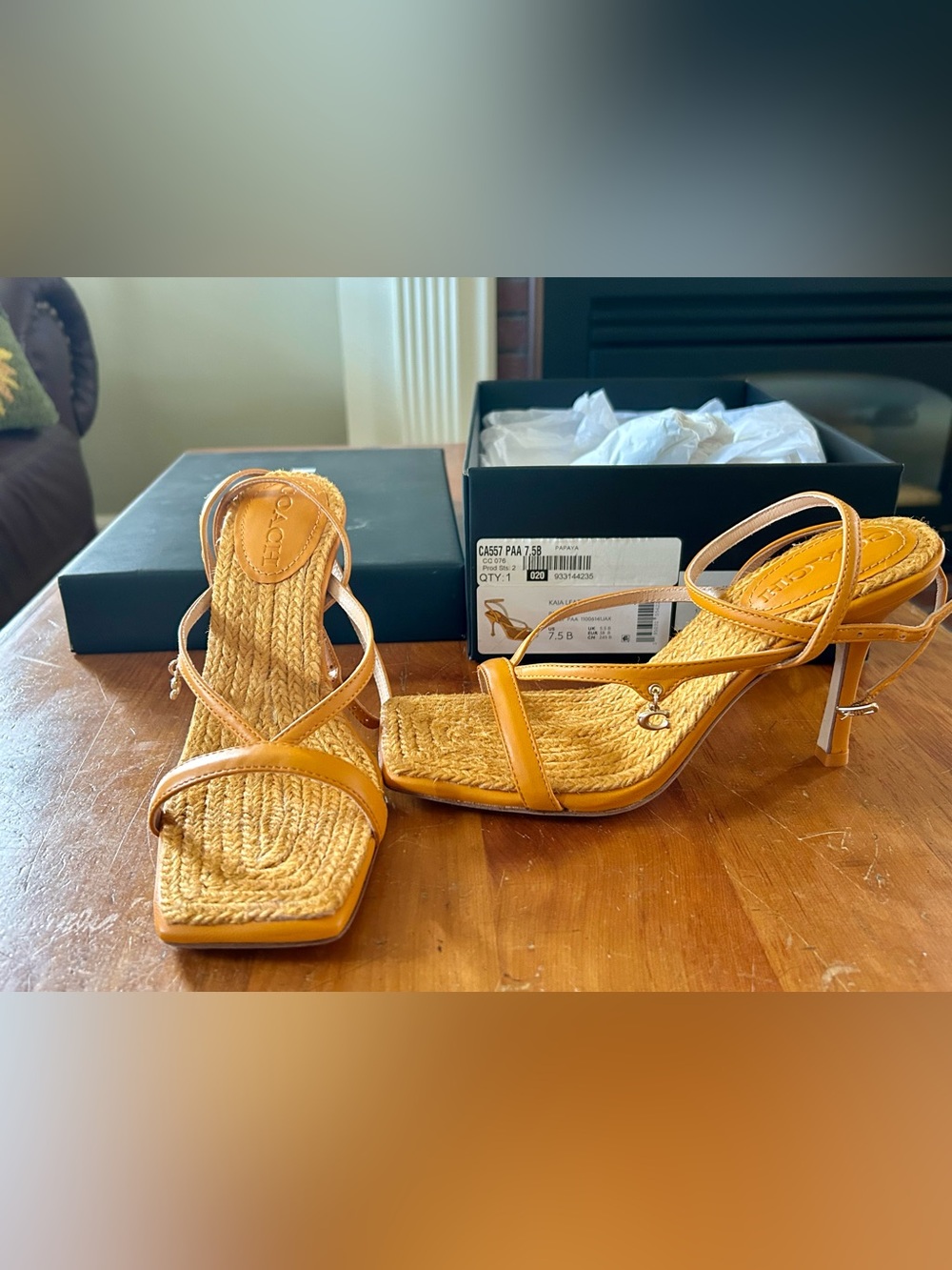 NIB Coach Papaya Woven Bed Kaia Leather Strappy Sandal - Papaya 7.5 Stilettos